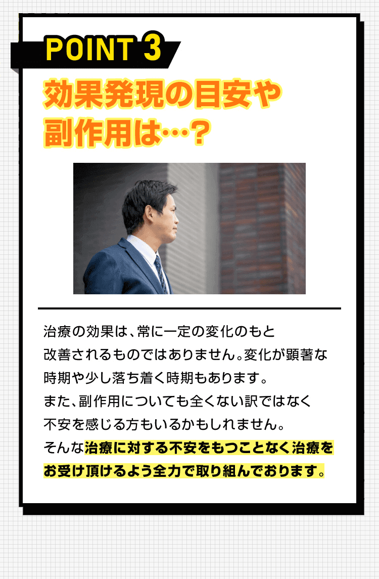 POINT 3 効果発現の目安や副作用は・・・？