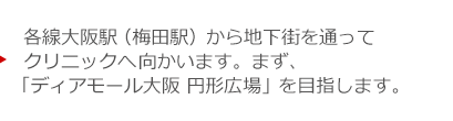 各線大阪駅（梅田駅）から地下街を通ってクリニックへ向かいます。まず、「ディアモール大阪 円形広場」を目指します。