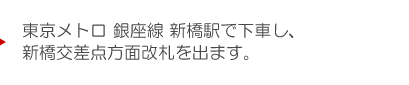 東京メトロ 銀座線 新橋駅で下車し、新橋交差点方面改札を出ます。